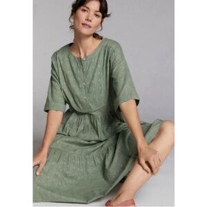 Anthropologie Fern Tiered Sage Green Textured Maxi Dress Large Petite F23